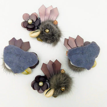 Hand Embroidered Metallic Grey Applique With Cowrie Shell, Sequins,Pearl and Feather Pom Pom
